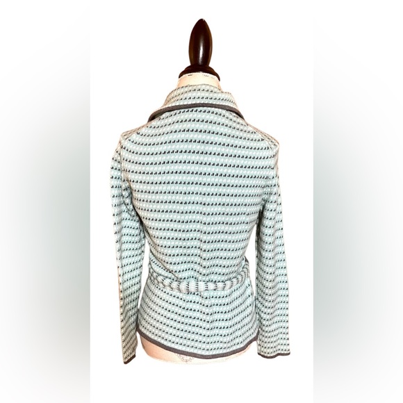 Ann Taylor LOFT Blue Gray & White Print Button up Belted Collared Cardigan Sz M - Picture 7 of 9